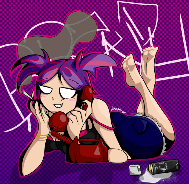 Brandy A young woman sitting stomach-down on the ground, holding a rotary phone up to her ear. She is wearing a black tank top, a hot pink bra, and dark jean shorts. She has a blunt in the other hand. Her face looks happy and carefree.