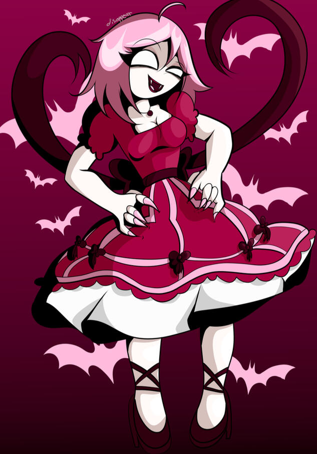 Sorbetta A pale vampire girl with pastel pink, shoulder-length hair. She is wearing a hot pink, frilly dress, which is covered in bows. She is also wearing dark pink high heels, and a large bow on her back. She is smiling and showing her sharp teeth.