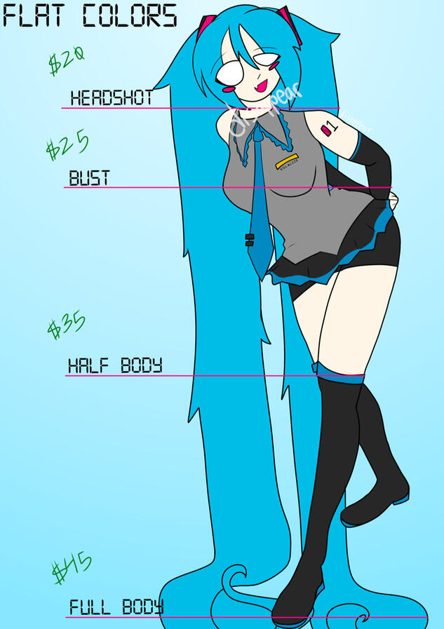 Prices for flat colors Prices for colored art with no shading. The prices shown are $20 for a head shot, $25 for a bust, $35 for a half-body, and $45 for a full body.