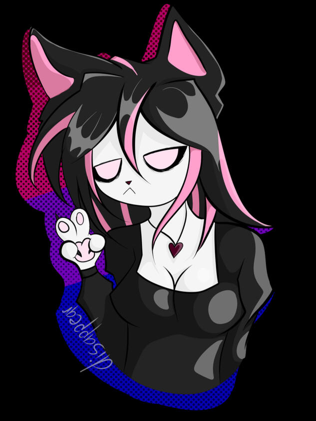Trixie An anthropomorphic cat with white fur, as well as black hair with pink streaks. She is wearing a black square-neck blouse and a heart-shaped locket. She is putting up a peace sign with her hand, and there is a bisexual flag behind her.