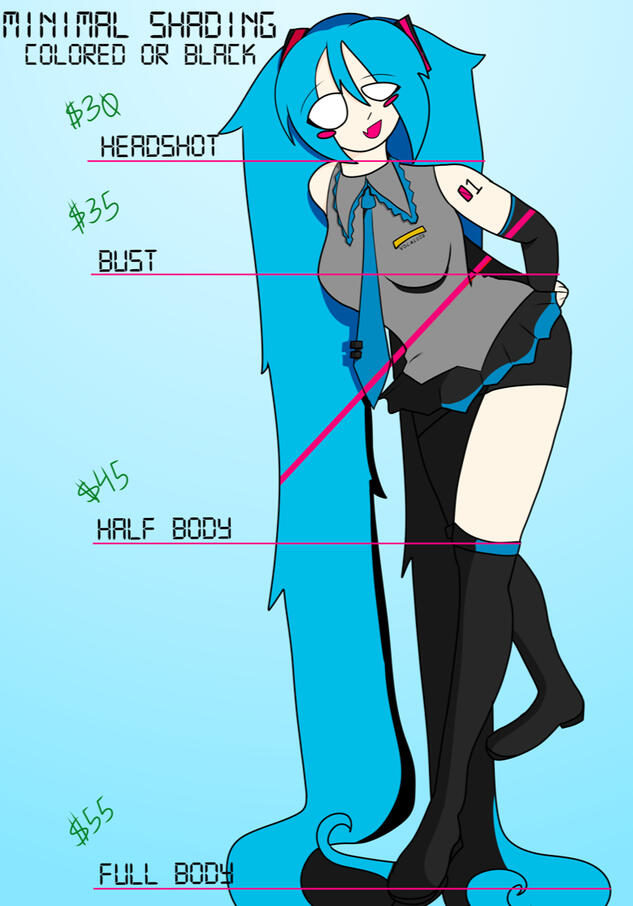 Pricing for minimal shading. Prices for minimal shading and colored art. The prices shown are $30 for a head shot, $35 for a bust, $45 for a half-body, and $55 for a full body.