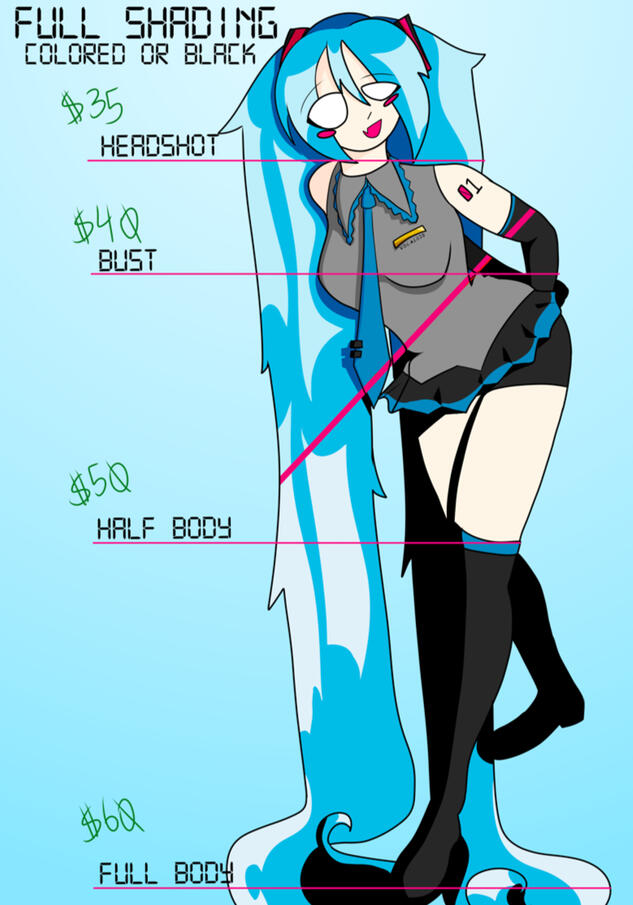 Pricing for full shading. Prices for fully shaded and colored art. The prices shown are $35 for a head shot, $40 for a bust, $50 for a half-body, and $60 for a full body.