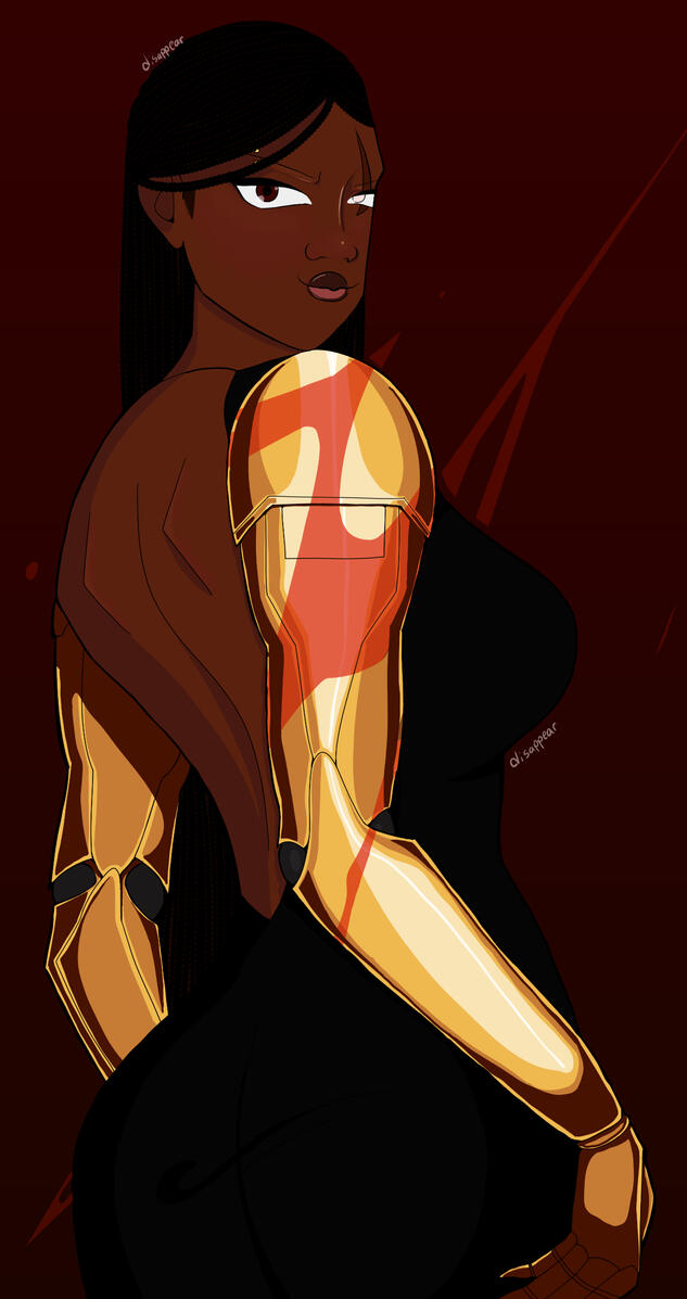 Warmonger A black woman with long braids and golden, mechanical arms. She is wearing a black, backless dress. She has a smug expression on her face, and blood splattered across one of her arms.