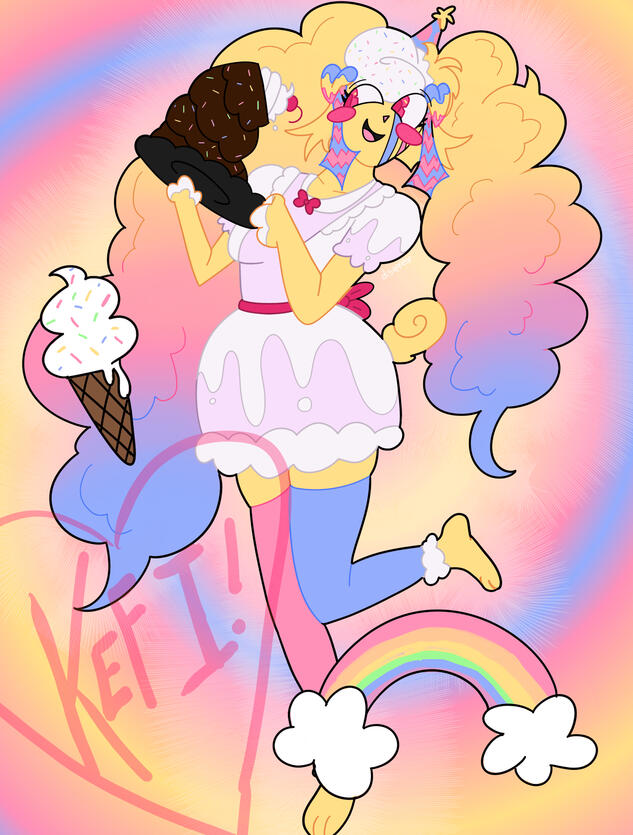 Kefi A yellow, pink, and blue anthropomorphic dog with pink eyes. She's holding a chocolate cake on a tray, which is falling over. She looks very expressive and happy. She is wearing a cute, white and lilac dress.
