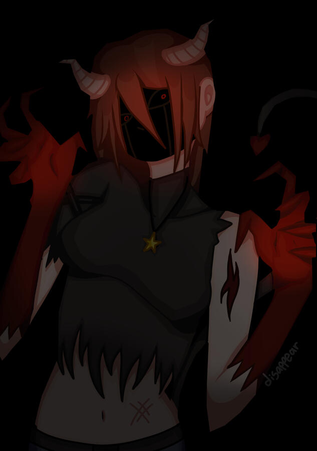 Demon A humanoid girl with brown hair, demonic red claws, and tan horns. Her face is blacked out for a scary effect. She is wearing a ripped up black t-shirt and a star-shaped necklace. She is looking at the camera menacingly, and the background is dark.